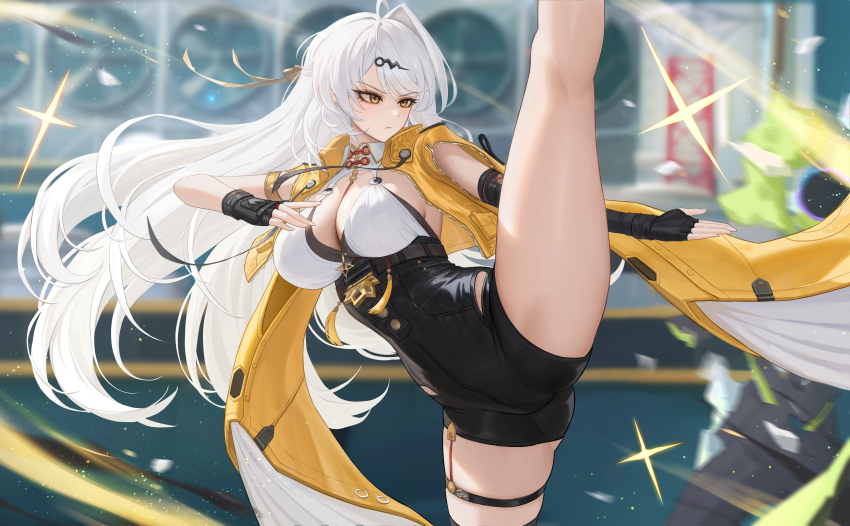 1girl absurdres black_gloves black_sleeves black_unitard blurry blurry_background breasts closed_mouth ethereal_(zenless_zone_zero) fingerless_gloves gloves hair_ornament hairclip heine_(haloo1101) high-waist_shorts highres jacket large_breasts light_particles long_hair looking_ahead outdoors shorts single_hair_intake single_sleeve solo split standing standing_on_one_leg standing_split thigh_strap thighs white_hair yellow_eyes yellow_jacket yin_yang_pin yixuan_(zenless_zone_zero) zenless_zone_zero