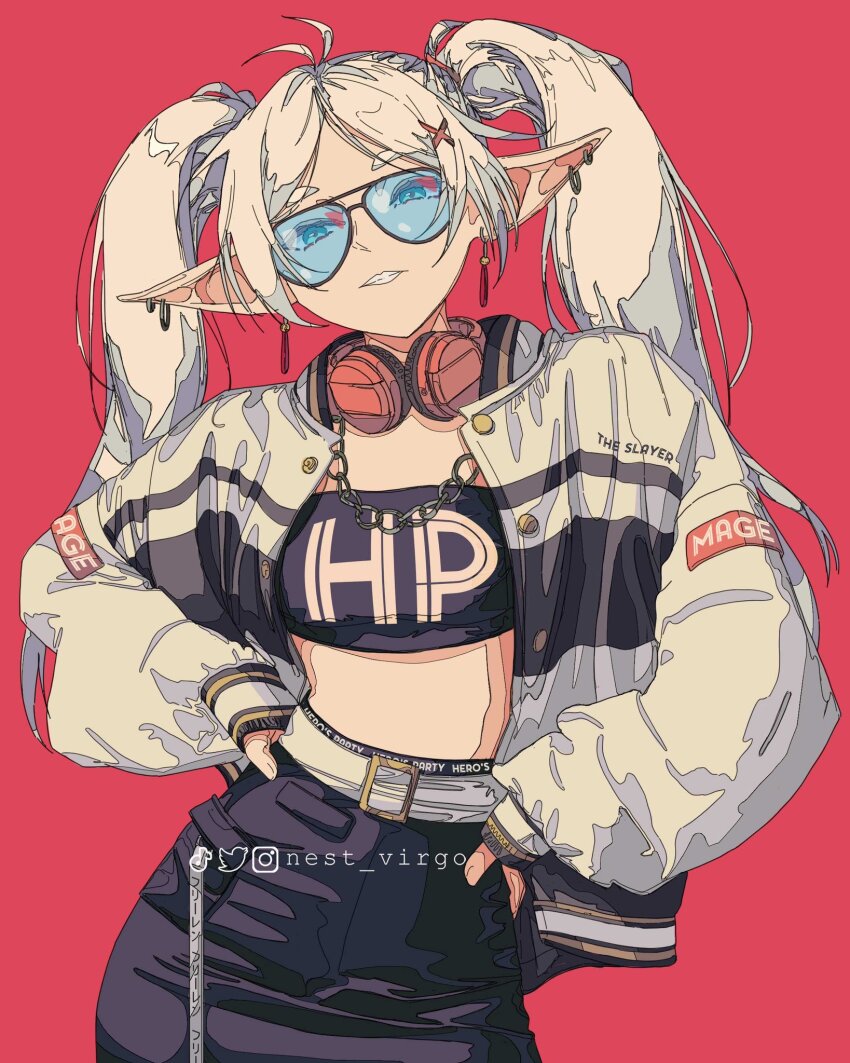 1girl alternate_costume belt chain chain_necklace contemporary earrings frieren glasses hands_on_own_hips headphones highres jacket jewelry ligne_claire multiple_earrings necklace nest_virgo pointy_ears red_background smile solo sousou_no_frieren teeth twintails upper_body white_belt white_hair white_jacket