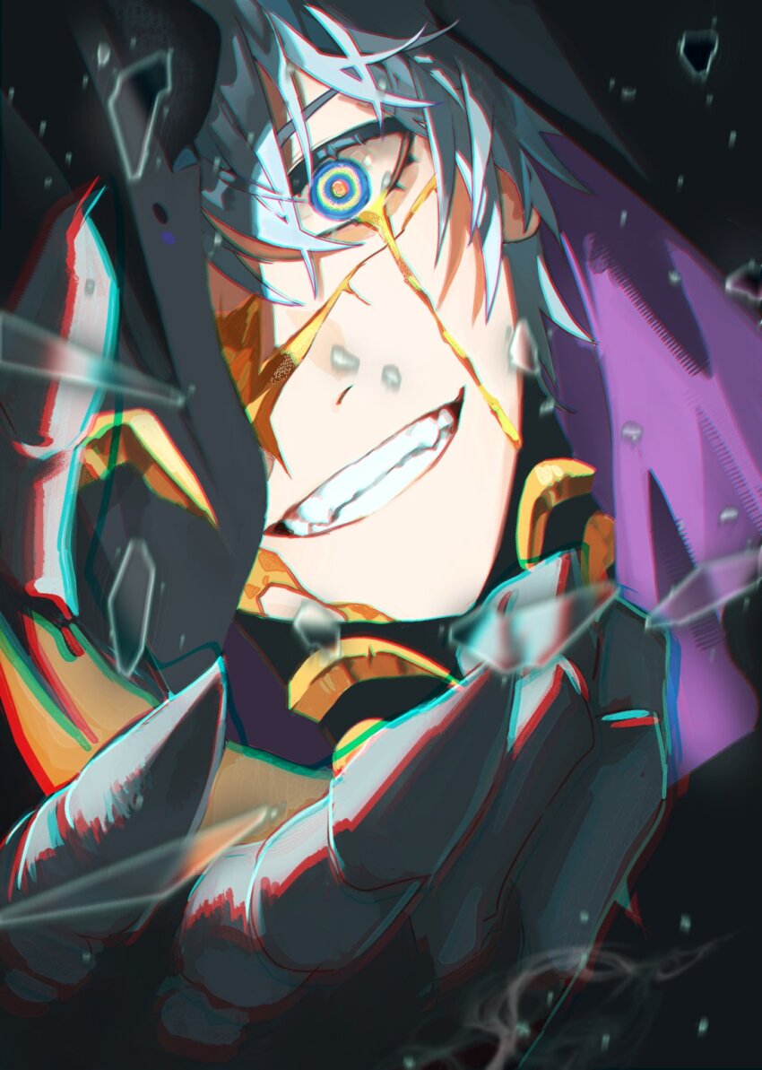 1boy black_cloak blood bloody_tears clawed_gauntlets cloak commentary crack cracked_glass cracked_skin crazy_eyes crazy_smile dark_persona flame_reaver_of_the_deepest_dark highres honkai:_star_rail honkai_(series) hood hood_up jpeg01 looking_at_viewer male_focus phainon_(honkai:_star_rail) smile solo yellow_blood