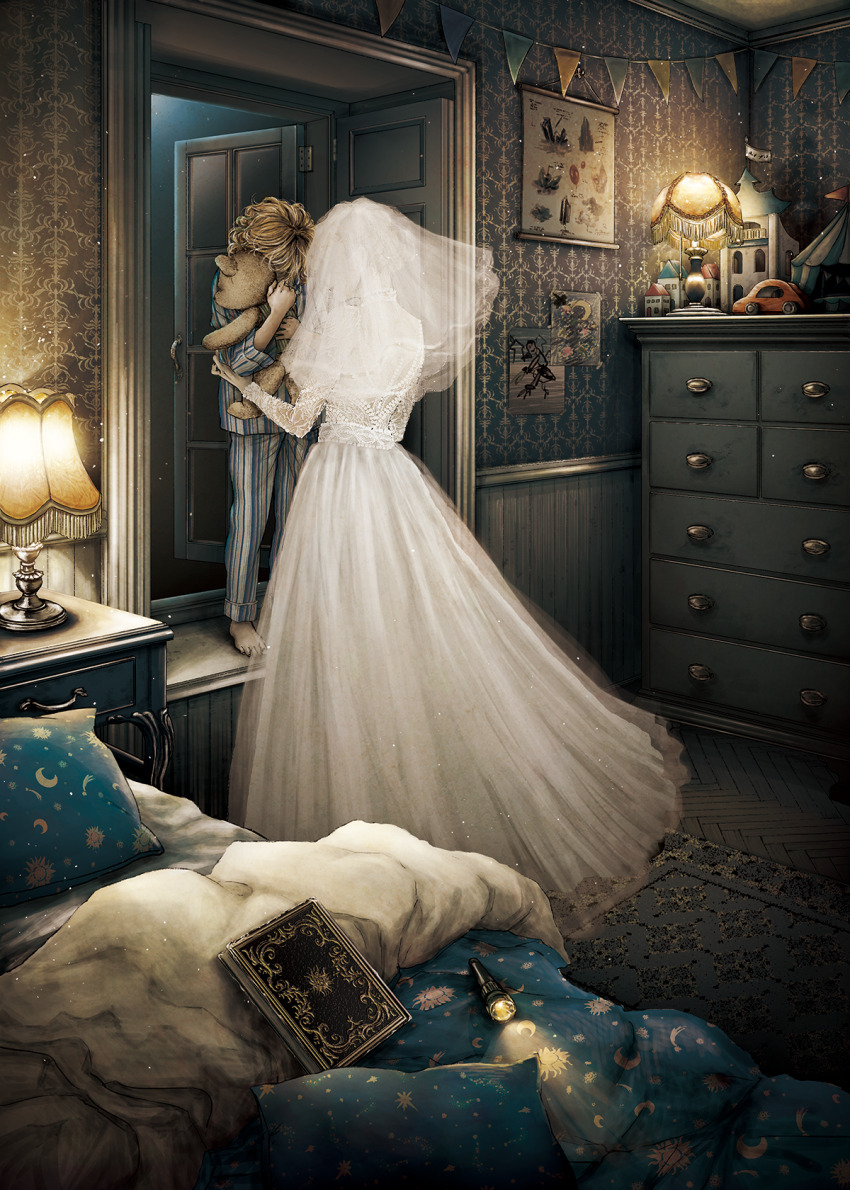 1boy 1girl barefoot bed book bridal_veil bunting carpet chest_of_drawers child child&#039;s_drawing commentary_request decorations desk_lamp dress flashlight full_body highres holding holding_stuffed_toy horror_(theme) hug indoors kobone_awaki lamp light_particles night nightstand open_window original pajamas pillow stuffed_animal stuffed_toy teddy_bear toy veil wedding_dress white_dress window wooden_floor