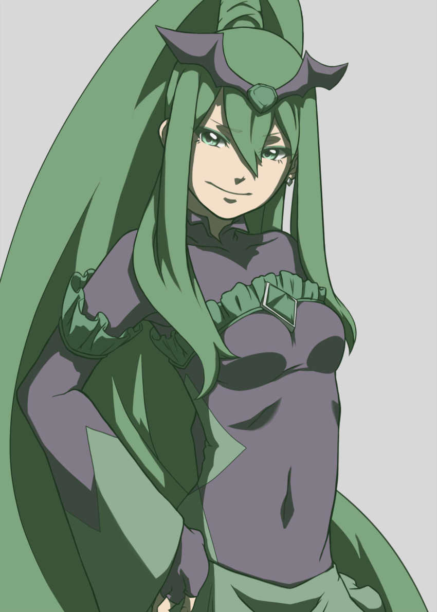 bad_end_march bad_end_precure black_bodysuit black_headwear bodysuit breasts dark_persona earrings frilled_sleeves frills green_eyes green_hair green_skirt highres jewelry light_smile long_hair makeup medium_breasts ponytail precure skirt smile_precure! very_long_hair zephyranthes54