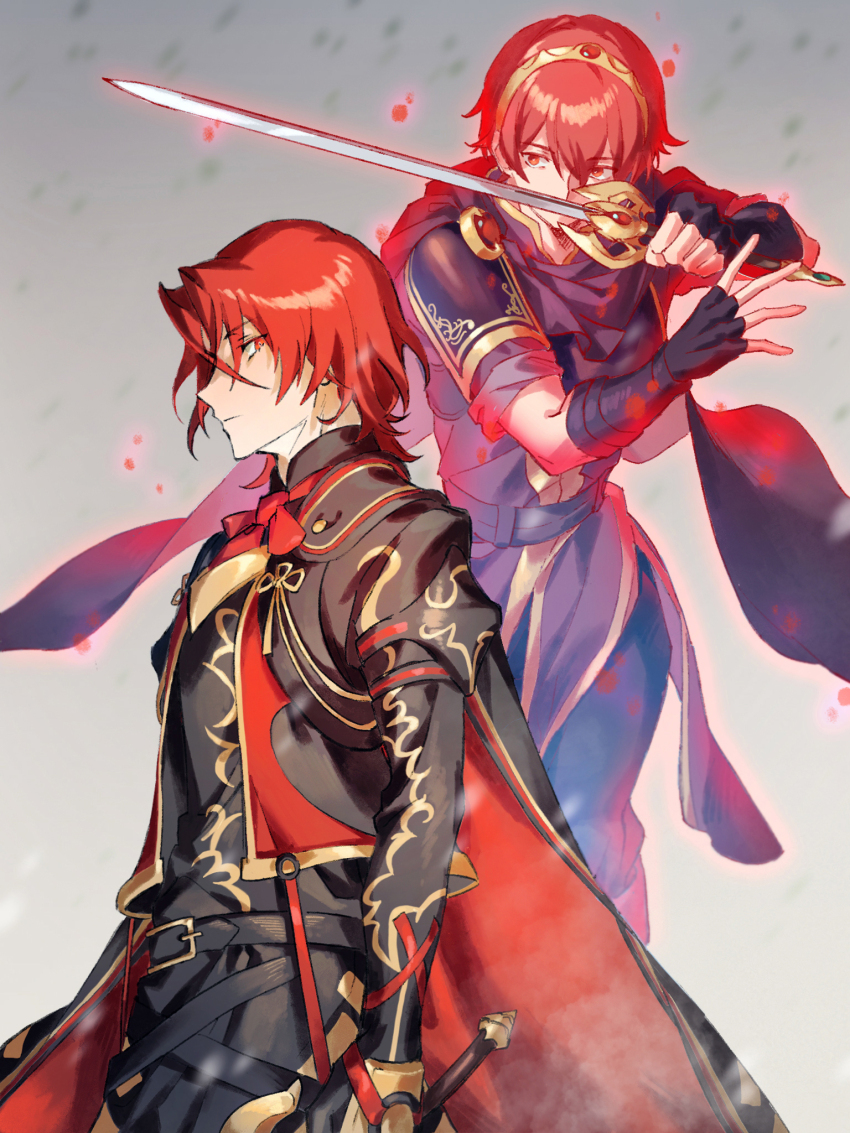 2boys armor belt buckle cape closed_mouth fingerless_gloves fire_emblem fire_emblem_engage gloves hahahashagi highres holding holding_sword holding_weapon long_sleeves male_alear_(fell_dragon)_(fire_emblem) male_alear_(fell_dragon_child)_(fire_emblem) male_alear_(fire_emblem) male_focus marth_(fire_emblem) multiple_boys nintendo past_alear_(male) red_eyes red_hair short_hair sword tiara weapon