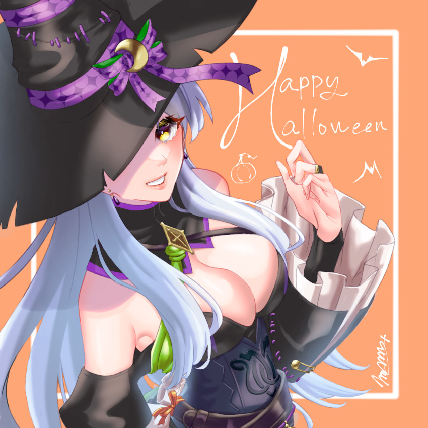 1girl alternate_costume bare_shoulders belt belt_pouch black_dress black_gloves black_hat breasts bridal_gauntlets cleavage corrin_(female)_(fire_emblem) corrin_(female)_(fire_emblem)_(cosplay) corrin_(female)_(halloween)_(fire_emblem) cosplay detached_sleeves dress earrings elbow_gloves english_text fire_emblem fire_emblem:_radiant_dawn fire_emblem_fates fire_emblem_heroes gloves grey_hair grin half_updo halloween halloween_costume happy_halloween hat hat_over_one_eye highres jewelry large_breasts long_hair long_sleeves looking_at_viewer marth-chan_(micaiah_mrmm) micaiah_(fire_emblem) nintendo off-shoulder_dress off_shoulder orange_background pouch signature simple_background smile solo turtleneck upper_body witch witch_hat