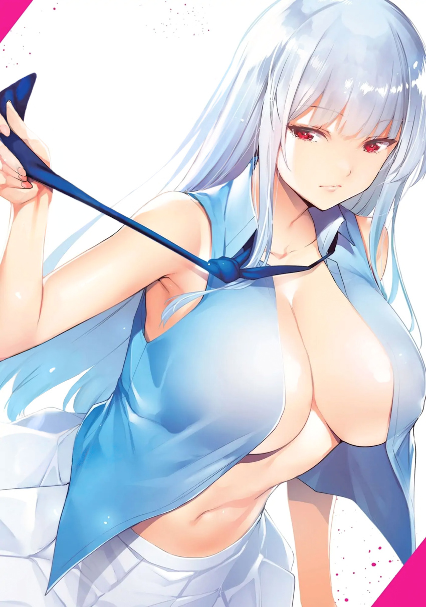 1girl :/ albino aqua_hair armpits breasts cleaned cleavage closed_mouth comic_cover destiny_lovers gradient_hair grey_hair highres holding_necktie ibu_sayaka large_breasts long_hair multicolored_hair navel no_bra official_alternate_eye_color official_alternate_hair_color official_art open_clothes open_vest paint_splatter pink_nails pleated_skirt red_eyes simple_background skirt solo stomach tears third-party_edit third-party_source tomohiro_kai vest white_background