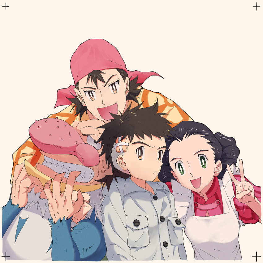 2boys 2girls :d aosagi_(kimitachi_wa_dou_ikiru_ka) bald bandana big_nose black_hair brown_eyes dress grey_shirt highres himi_(kimitachi_wa_dou_ikiru_ka) how_long kimitachi_wa_dou_ikiru_ka kiriko_(kimitachi_wa_dou_ikiru_ka) maki_mahito multiple_boys multiple_girls old old_man open_mouth pocket red_bandana red_dress shirt short_hair simple_background smile upper_body v white_background