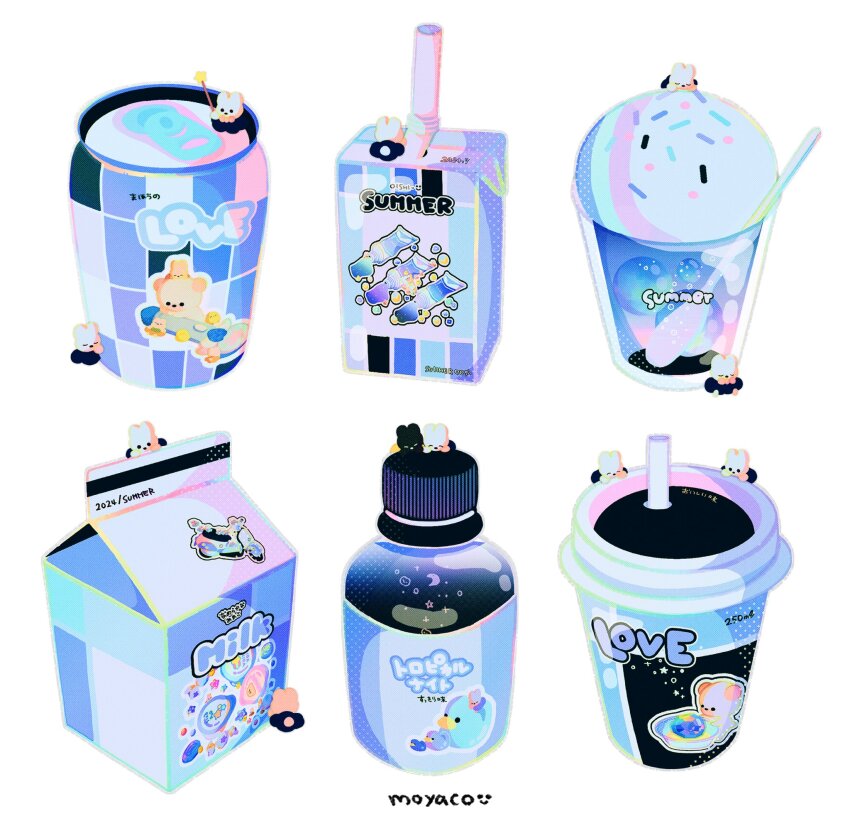 artist_name blue_theme can commentary drink drink_can drinking_straw english_commentary english_text highres milk_carton milkshake moyaco no_humans original signature simple_background soda_can solid_circle_eyes solid_eyes spoon translation_request white_background