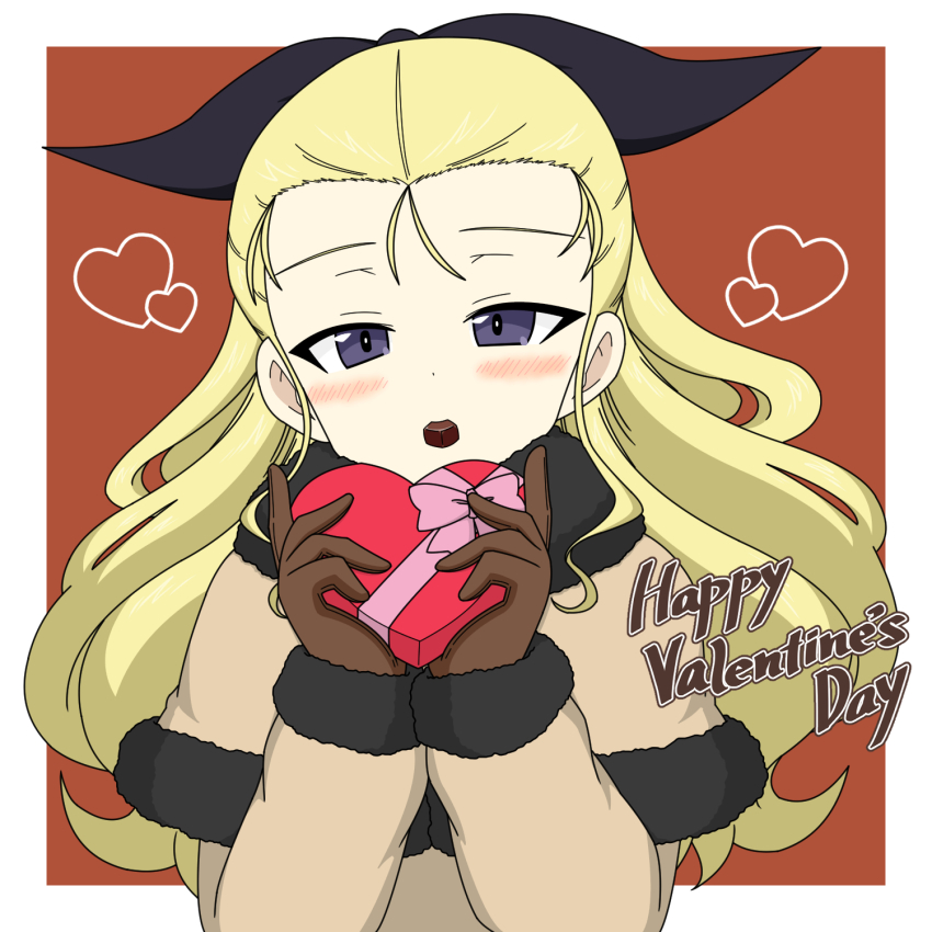 1girl alternate_costume assam_(girls_und_panzer) black_ribbon blonde_hair blush box box_of_chocolates brown_coat chocolate coat gift gift_box girls_und_panzer hair_ribbon heart heart-shaped_box highres holding holding_gift ichinose_jun long_hair looking_at_viewer pink_ribbon purple_eyes red_background ribbon valentine winter_clothes winter_coat