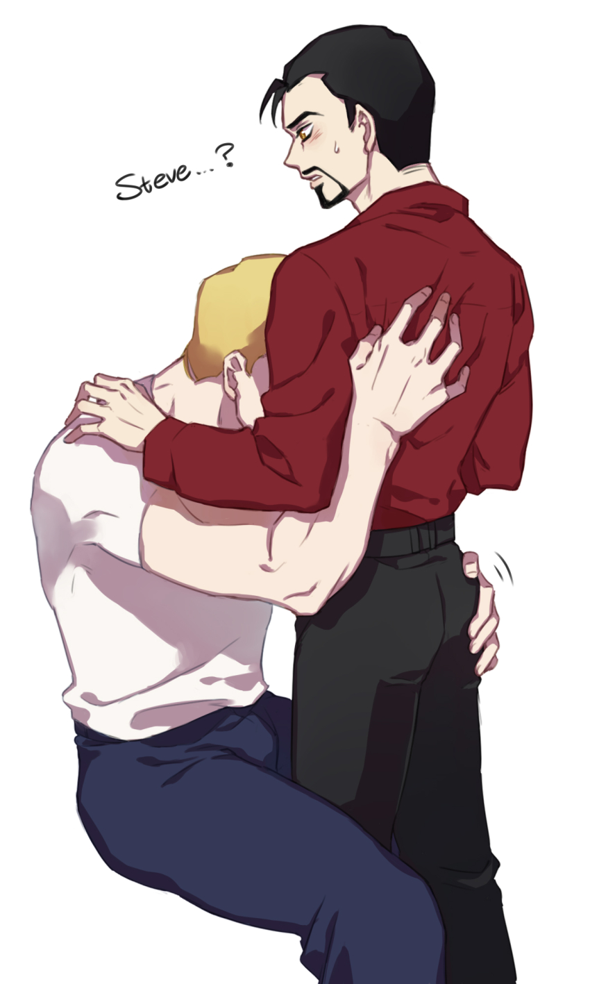 2boys ahoge animification avengers_(series) back belt black_belt black_hair black_pants blonde_hair blue_pants blush brown_eyes chinese_commentary commentary_request cowboy_shot english_text facial_hair fingernails hand_on_another&#039;s_shoulder highres hug long_sleeves looking_at_another male_focus marvel multiple_boys muscular muscular_male pants red_shirt shirt short_hair simple_background sitting standing steve_rogers sweatdrop t-shirt teeth the_avengers:_earth&#039;s_mightiest_heroes! tony_stark white_background white_shirt yaoi yizilu699
