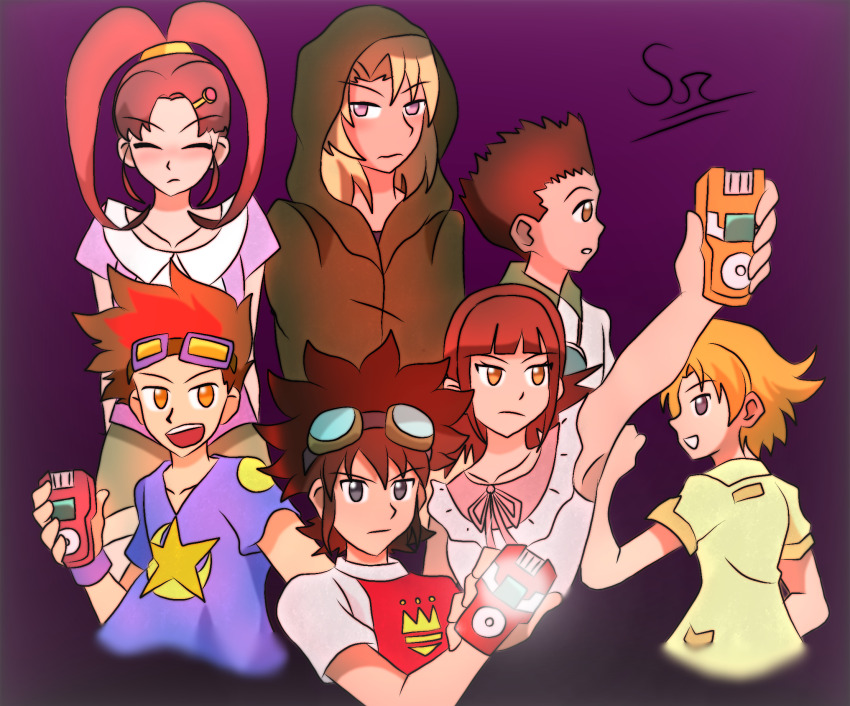 akashi_tagiru amano_nene_(digimon_xros_wars) amano_yuu_(digimon) aonuma_kiriha digimon digimon_xros_wars hair_ornament hairclip highres hinomoto_akari kudou_taiki long_hair ponytail split_ponytail tsurugi_zenjirou