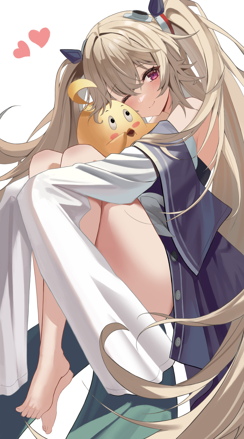1girl absurdres anchorage_(azur_lane) azur_lane bare_shoulders barefoot brown_hair closed_mouth detached_sleeves hair_ornament heart highres hug knees_up long_hair manjuu_(azur_lane) one_eye_closed purple_eyes sleeves_past_fingers sleeves_past_wrists smile solo twintails very_long_hair white_background wynnblue