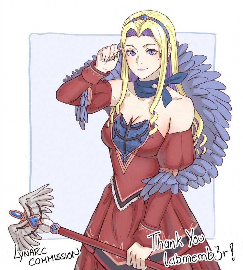 1girl blonde_hair blue_choker blue_hairband choker colored_inner_hair commission commissioner_name constance_von_nuvelle constance_von_nuvelle_(timeskip) drill_hair drill_sidelocks fire_emblem fire_emblem:_three_houses hairband highres holding holding_staff lynarc multicolored_hair nintendo purple_hair sidelocks staff two-tone_hair