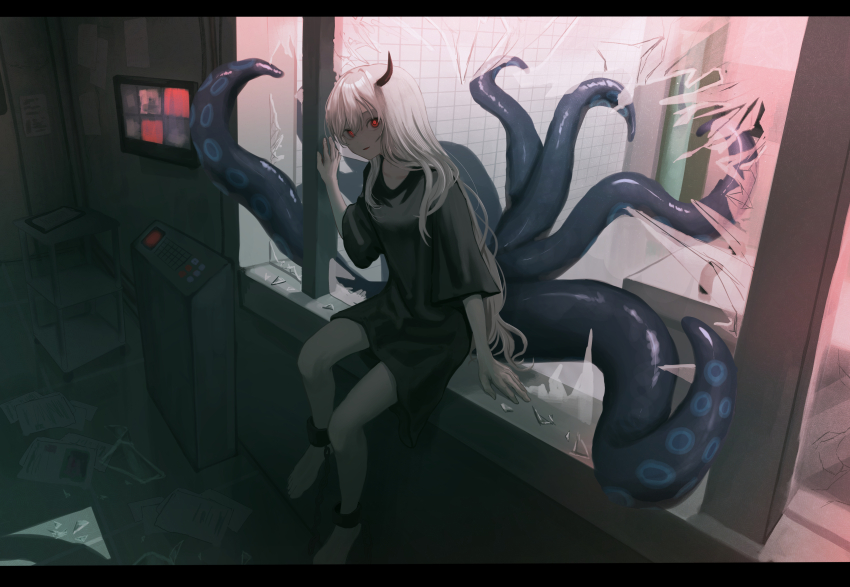 1girl absurdres black_shirt breaking_through_window broken_glass chain chained_legs clipboard collarbone commentary english_commentary fleeing full_body glass glowing glowing_eyes hair_intakes highres horns indoors kyano_(kyanora3141) long_hair looking_at_viewer monitor monster_girl naked_shirt open_mouth original papers red_eyes shattered shirt sidelocks sitting solo tentacles