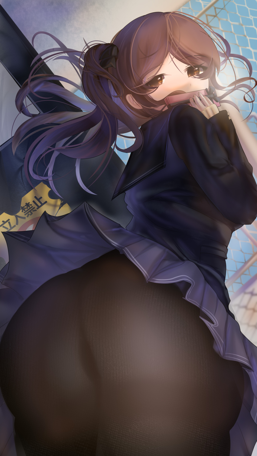 1girl absurdres amagami ass ass_focus black_jacket black_panties black_pantyhose black_sailor_collar blazer box brown_eyes brown_hair cowboy_shot from_behind gift gift_box grey_skirt highres holding holding_gift jacket kibito_high_school_uniform long_sleeves looking_at_viewer looking_back medium_hair microskirt nakata_sae panties panties_under_pantyhose pantyhose pleated_skirt sailor_collar school_uniform skirt solo takedan thong twintails underwear winter_uniform
