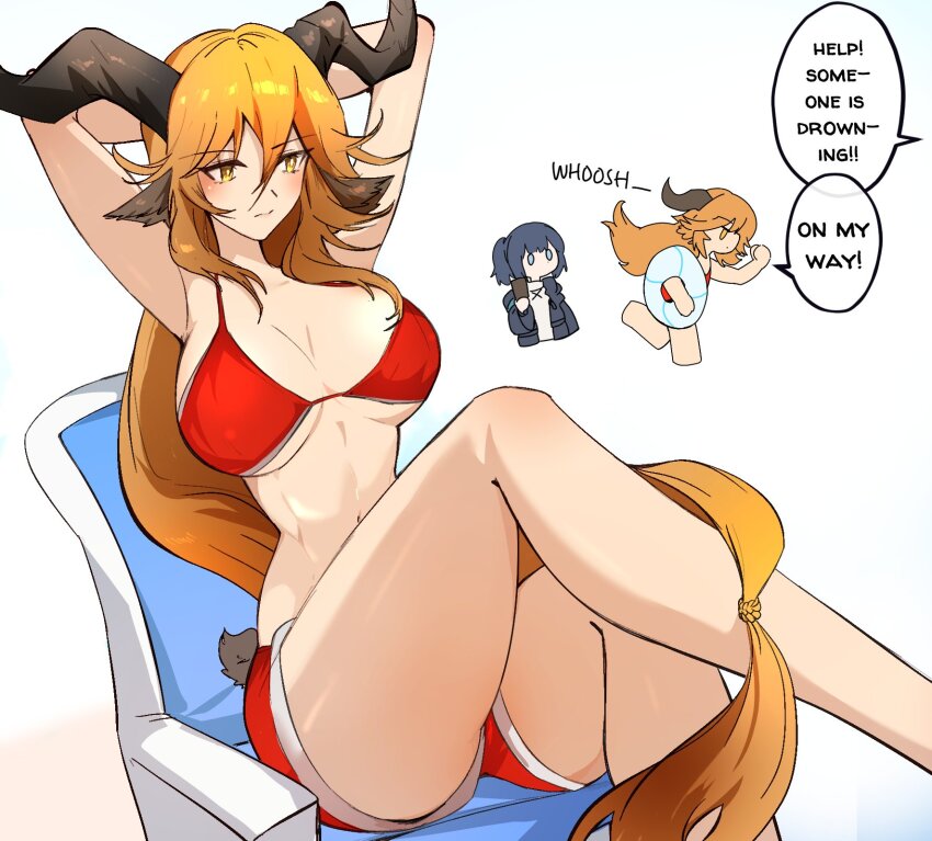 2girls alternate_costume animal_ears arknights arms_behind_head arms_up arya_melati bare_arms bikini bikini_shorts blue_eyes blue_hair blush breasts chair closed_mouth commentary cropped_torso deformed degenbrecher_(arknights) doctor_(arknights) english_commentary english_text expressionless feet_out_of_frame female_doctor_(arknights) goat_ears goat_girl goat_horns goat_tail hair_between_eyes highres holding holding_swim_ring horns innertube large_breasts lifebuoy lifeguard long_hair long_sleeves multiple_girls multiple_views muscular muscular_female on_chair red_bikini red_shorts running shorts sitting sound_effects speech_bubble swim_ring swimsuit underboob very_long_hair white_background