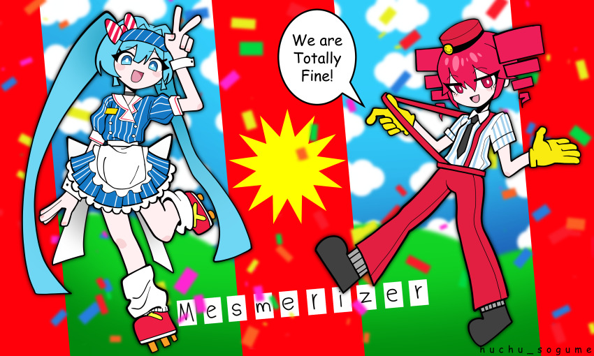 2girls absurdres adjusting_clothes apron arm_at_side arm_up black_choker black_necktie black_shoes blindfold blue_eyes bright_pupils buttons choker collared_shirt commentary confetti double-breasted dress english_commentary english_text flat_chest full_body gloves grey_shirt hair_between_eyes hands_up hat hatsune_miku highres huchu_(huchu_sogume) kasane_teto kepi long_hair looking_at_viewer mesmerizer_(vocaloid) military_hat multiple_girls necktie open_mouth pants pinstripe_dress pinstripe_pattern red_eyes red_hair red_pants shirt shoes short_sleeves skates sleeves_rolled_up speech_bubble suspenders twintails utau v very_long_hair vocaloid waist_apron white_apron white_pupils white_wrist_cuffs wing_collar wrist_cuffs yellow_gloves