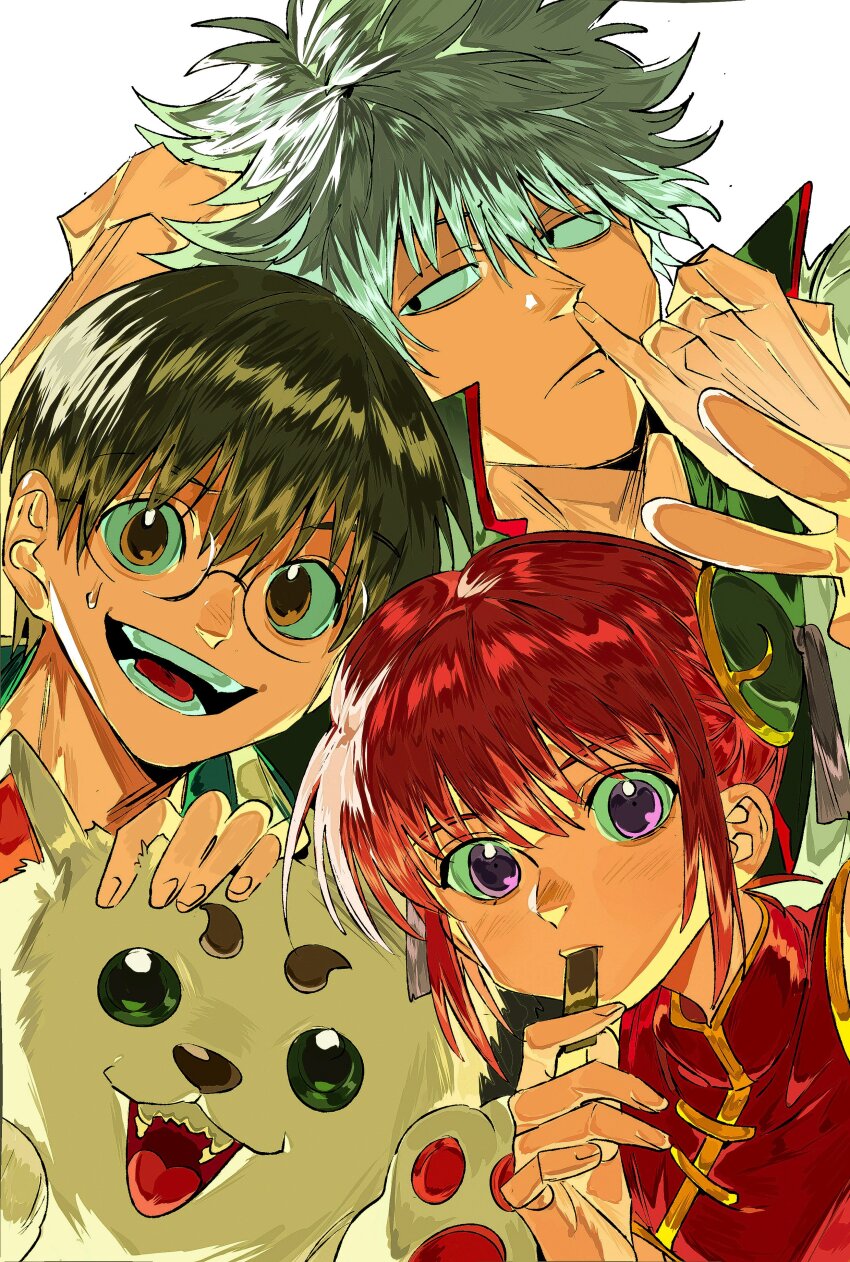 1girl 2boys absurdres black_hair blue_hair brown_eyes brown_hair bun_cover china_dress chinese_clothes dog dress eating food gintama glasses grey_hair hair_bun highres holding kagura_(gintama) looking_at_viewer multiple_boys open_mouth popped_collar purple_eyes red_dress red_hair round_eyewear sadaharu sakata_gintoki shimura_shinpachi short_hair smile sweatdrop teeth v white_background xi_luo_an_ya