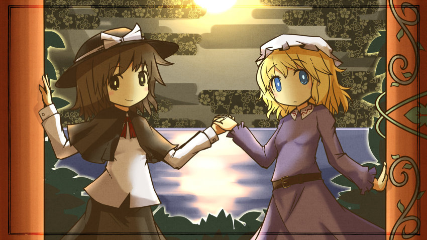 2girls akihiyo blonde_hair bow brown_eyes brown_hair dress egasumi floral_background holding_hands hat hat_bow highres maribel_hearn multiple_girls plant ribbon short_hair smile touhou trojan_green_asteroid usami_renko vines