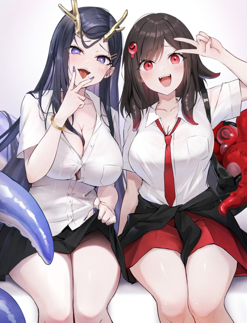 2girls alternate_costume azur_lane bag black_cardigan black_skirt bracelet breasts brown_hair buttons cardigan cardigan_around_waist cleavage clothes_around_waist clothes_lift collarbone collared_shirt commentary cunnilingus_gesture golden_hind_(azur_lane) gyaru heart heart-shaped_pupils highres horns jewelry kai_(esugi) kogal large_breasts legs_together lifting_own_clothes long_hair looking_at_viewer loose_necktie medium_hair mole mole_under_mouth multiple_girls nail_polish necktie open_mouth pleated_skirt purple_eyes purple_hair purple_nails red_eyes red_necktie red_skirt royal_fortune_(azur_lane) school_bag school_uniform sharp_teeth shirt short_sleeves sitting skirt skirt_lift smile symbol-shaped_pupils teeth tentacle_hair thighs tongue tongue_out v v_over_mouth very_long_hair white_shirt
