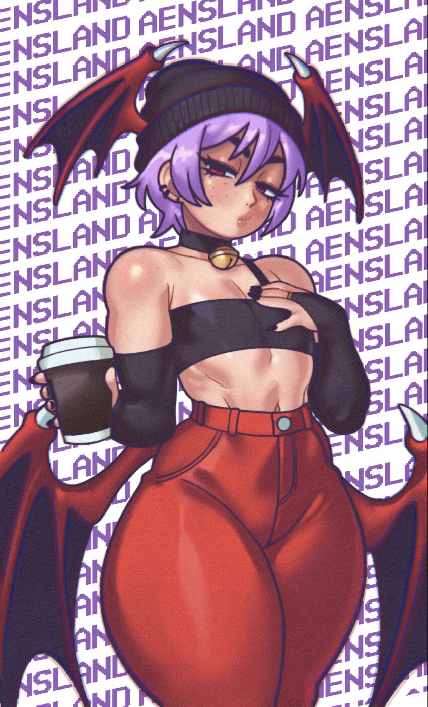1girl alternate_costume bandeau bare_shoulders bat_wings beanie bell black_bandeau black_choker black_nails black_tube_top body_freckles breasts bridal_gauntlets bubble_tea capcom casual champchidi choker commentary cup curvy darkstalkers demon_girl demon_wings disposable_cup ear_piercing earrings elbow_gloves english_commentary english_text flat_chest freckles gloves hair_between_eyes hand_on_own_chest hat head_wings high-waist_pants highres holding holding_cup jewelry jingle_bell lilith_(darkstalkers) lips looking_at_viewer low_wings midriff nail_polish narrow_waist navel neck_bell pants piercing puckered_lips purple_hair red_eyes red_pants red_wings short_hair small_breasts solo standing strapless thick_eyebrows thick_thighs thighs tube_top wall_of_text wide_hips wings