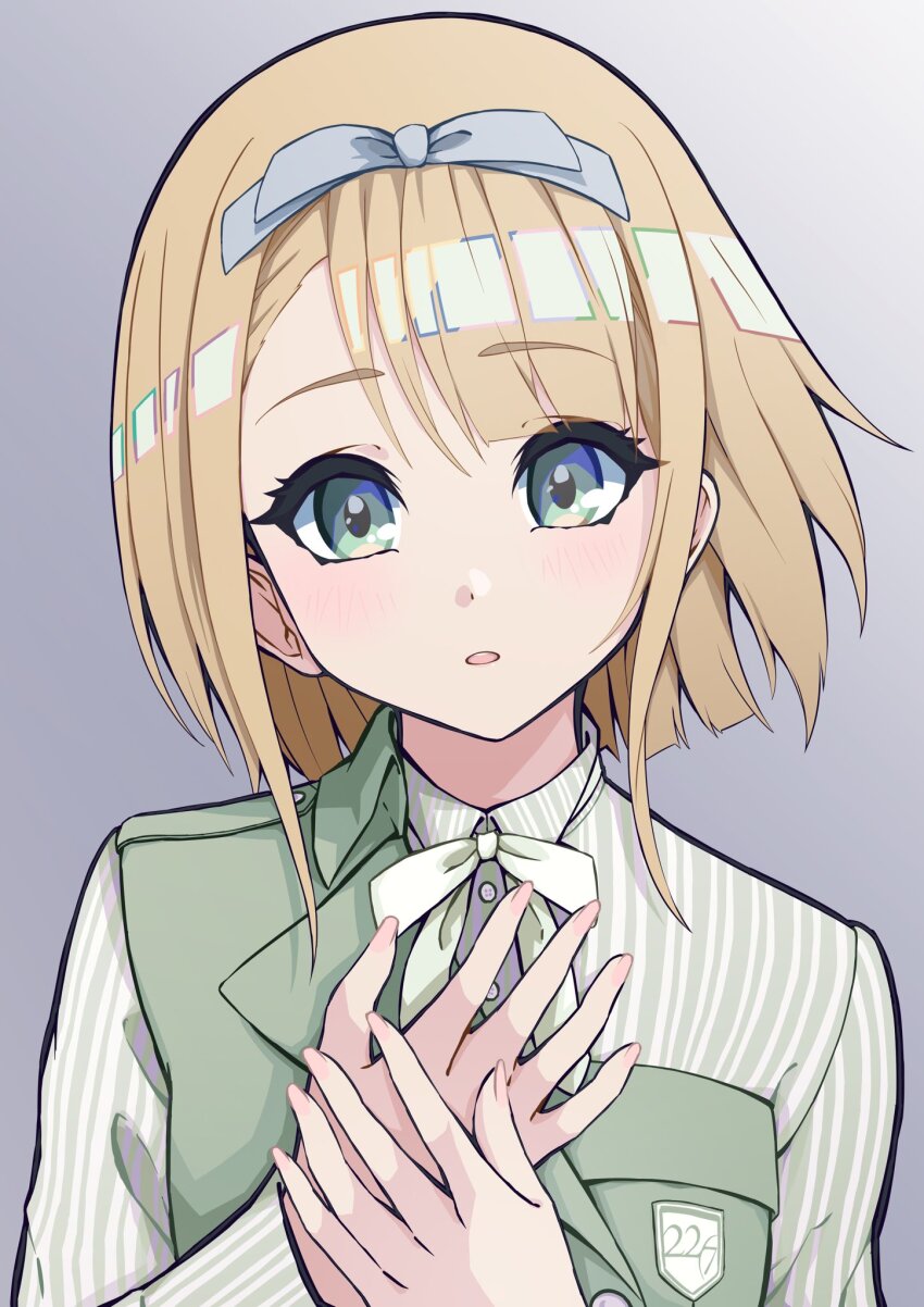 1girl 22/7 asymmetrical_bangs blonde_hair blue_bow blue_hairband blush bow bow_hairband bowtie collared_shirt dress floating_hair green_bow green_bowtie green_eyes grey_background hair_bow hairband hands_on_own_chest highres lionmaru0808 long_sleeves looking_at_viewer parted_lips portrait saito_nicole shirt short_hair simple_background solo striped_clothes striped_shirt vertical-striped_clothes vertical-striped_shirt