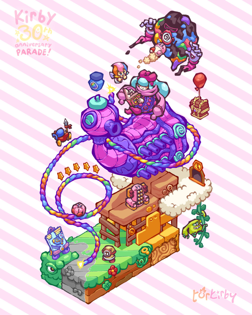2girls :d @_@ anniversary artist_name balloon bandana bandana_waddle_dee blue_bandana blue_eyes blue_hair blush_stickers book character_name claycia closed_mouth cloud copyright_name cotta_(kirby) dangle_sloth dark_crafter elline_(kirby) eyelashes hair_over_eyes hat highres holding holding_book holding_polearm holding_weapon kirby kirby_(series) kirby_and_the_rainbow_curse long_hair multicolored_hair multiple_girls nintendo one-eyed open_book open_mouth painting_(object) polearm purple_hat purple_scarf purple_shoes rainbow_hair rayman_limbs rocket scarf shoes siblings sisters sitting smile spear star_(symbol) striped_background torkirby treasure_chest two-tone_background weapon