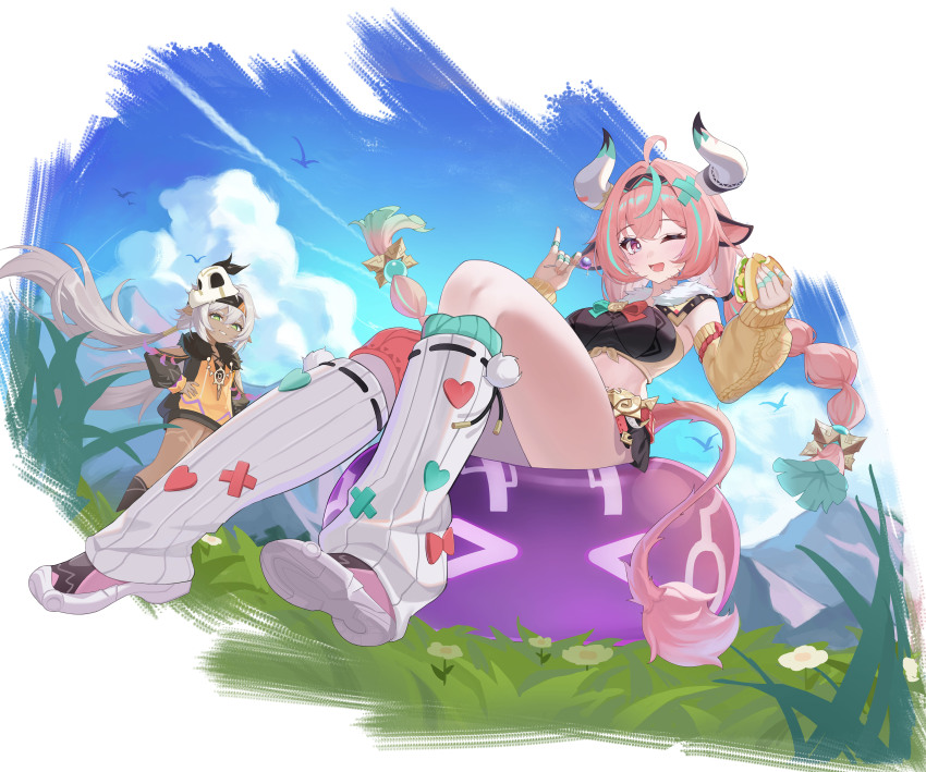 &gt;_&lt; 2girls absurdres ahoge animal_ears aqua_hair blue_sky bow braid breasts candy chupa_chups cloud cloudy_sky cow_ears cow_horns cow_tail dark-skinned_female dark_skin detached_sleeves electro_slime_(genshin_impact) food fur_trim genshin_impact grass green_eyes grey_hair hair_between_eyes hair_ornament hair_tubes hairband heart highres holding holding_candy holding_food horns iansan_(genshin_impact) leg_warmers lollipop long_hair long_sleeves midriff multicolored_hair multiple_girls mxr one_eye_closed open_mouth outdoors pink_hair pointy_ears purple_eyes shoes sitting skull skull_hair_ornament sky slime_(genshin_impact) smile sneakers streaked_hair taco tail thighs twin_braids twintails varesa_(genshin_impact) yellow_sleeves