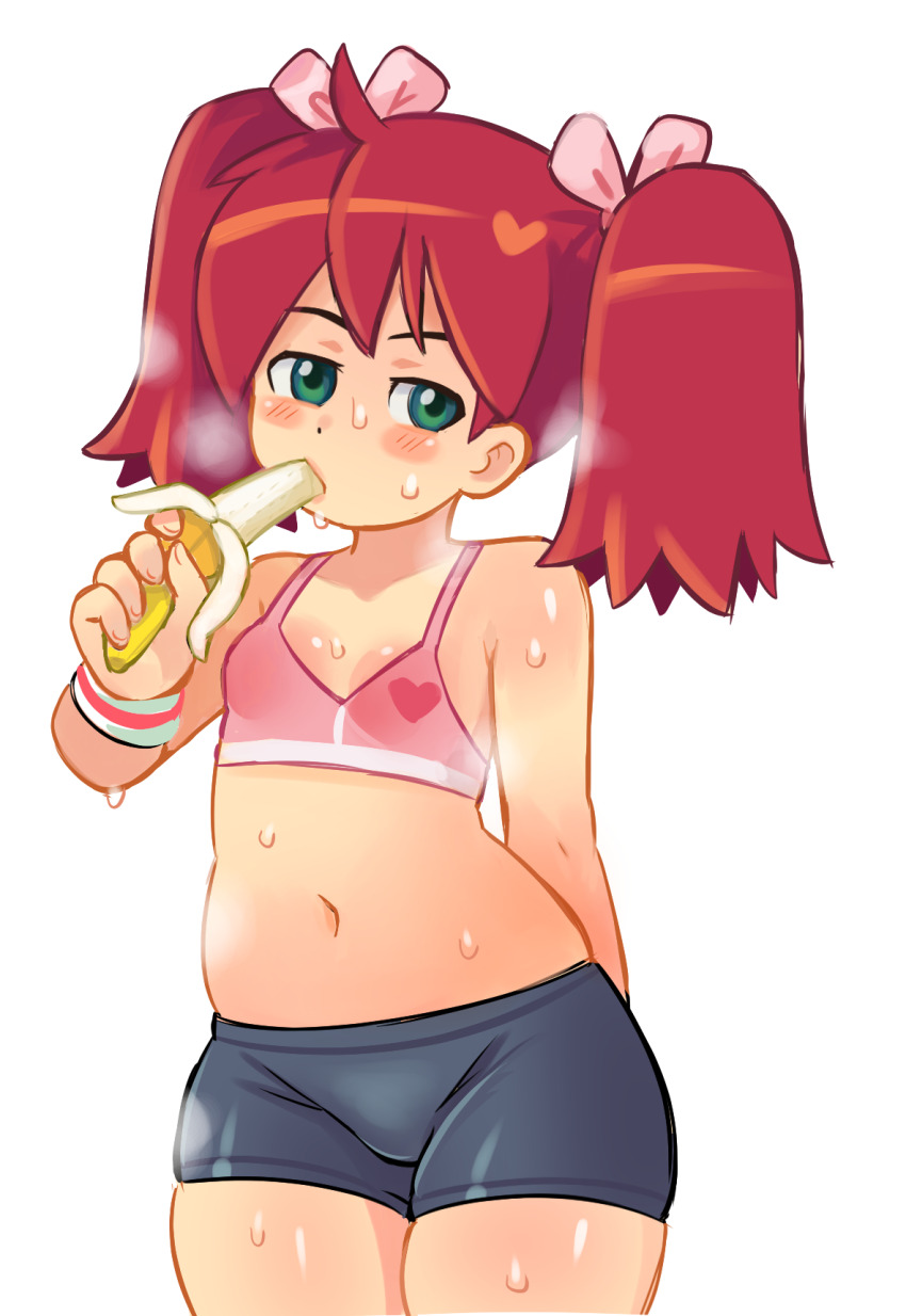 1girl banana bike_shorts blush_stickers bra breasts drawfag eating food fruit green_eyes navel red_hair ribbon saru_getchu sayaka_(saru_getchu) simple_background small_breasts solo standing sweat sweatband sweatdrop thick_thighs thighs twintails underwear white_background