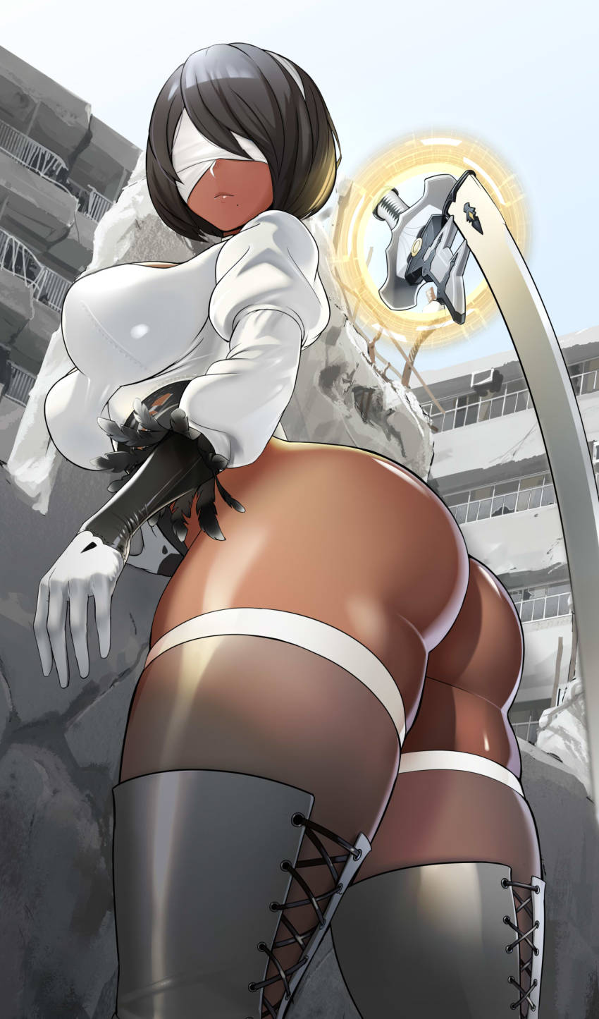 1girl 2p_(nier:automata) absurdres alternate_breast_size alternate_color alternate_skin_color ass ass_focus black_hair blindfold boots bracer breasts commentary covered_eyes crack cracked_wall curvy dark-skinned_female dark_skin debris english_commentary expressionless feather-trimmed_sleeves final_fantasy final_fantasy_xiv floating floating_object floating_weapon from_below gloves grey_boots grey_sky highleg highleg_leotard highres huge_ass impossible_clothes katana lace-up_boots large_breasts leotard lips mole mole_under_mouth nier:automata nier_(series) nisetanaka no_pants outdoors paid_reward_available palette_swap post-apocalypse see-through_clothes see-through_legwear shiny_skin short_hair sky solo soul_calibur soulcalibur soulcalibur_vi sword sword_on_back thick_thighs thighhighs thighhighs_under_boots thighs thong_leotard torn torn_clothes twisted_torso weapon weapon_on_back white_blindfold white_gloves white_thighhighs wide_hips