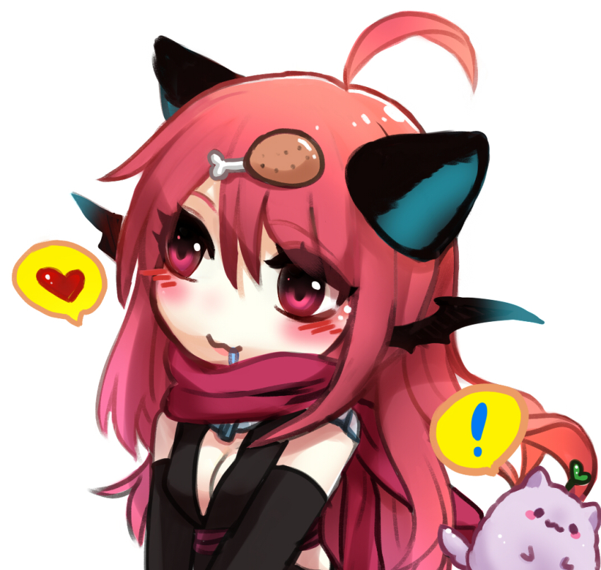 ! 1girl :3 ahoge animal_ears assassin_cross_(ragnarok_online) black_gloves black_leotard black_wings blush breasts breasts_squeezed_together cat_ears chibi cleavage closed_mouth commentary_request demon_wings ear_wings elbow_gloves gloves hair_between_eyes heart lanmei_jiang leotard long_hair looking_afar meat_hair_ornament medium_breasts pink_hair ragnarok_online red_eyes red_scarf scarf simple_background smile solo spoken_exclamation_mark spoken_heart undersized_animal upper_body white_background wings wolf