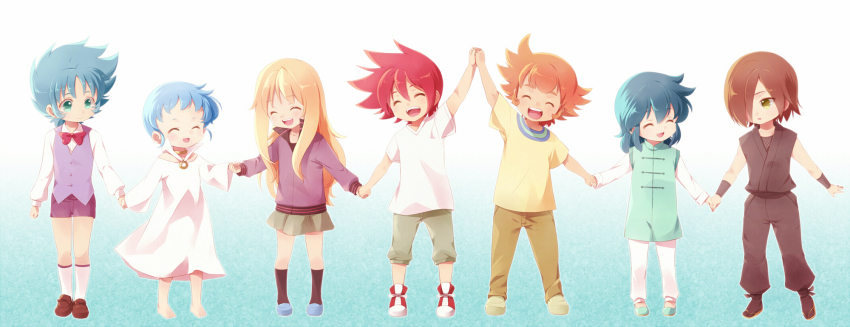10s 2girls 4boys ^_^ aged_down aquila_yuna aria_(saint_seiya_omega) blue_hair brown_hair child chinese_clothes closed_eyes dragon_ryuuhou dress gradient_background green_eyes highres holding_hands lionet_soma long_image lupus_haruto multiple_boys multiple_girls open_mouth orange_hair orion_eden pegasus_koga red_hair saint_seiya saint_seiya_omega short_hair skirt sun_trial wide_image