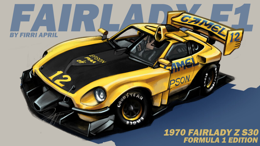 absurdres artist_name camel_(cigarettes) car commentary datsun datsun_240z english_commentary epson firri_april goodyear grey_background highres motor_vehicle nissan nissan_fairlady_z piaa race_vehicle racecar shadow spoiler_(automobile) sponsor vehicle_focus vehicle_name yellow_car