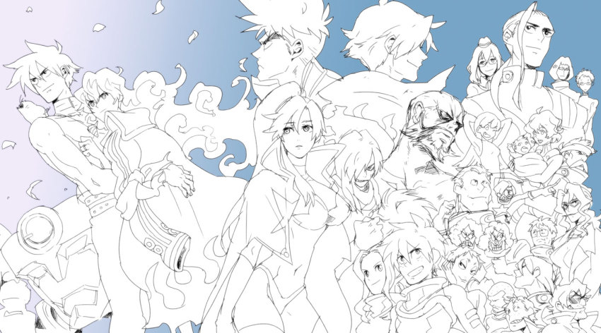 00s 6+boys 6+girls ailac_coega anne_(ttgl) attenborough_cortitch bad_id bad_pixiv_id barinbo blue_background boota_(ttgl) couple cybela_kuto darry_adai dayakka everyone gabal_docker gimmy_adai gradient_background guinble hetero jogan kamina_(ttgl) kidd_coega kinon_bachika kittan_bachika kiyal_bachika kiyoh_bachika lagann leeron_littner leite_jokin lordgenome makken mecha multiple_boys multiple_girls mwgi nia_teppelin robot rossiu_adai simon_(ttgl) spot_color tengen_toppa_gurren_lagann tetsukan viral_(ttgl) yoko_littner zoushi_kanai