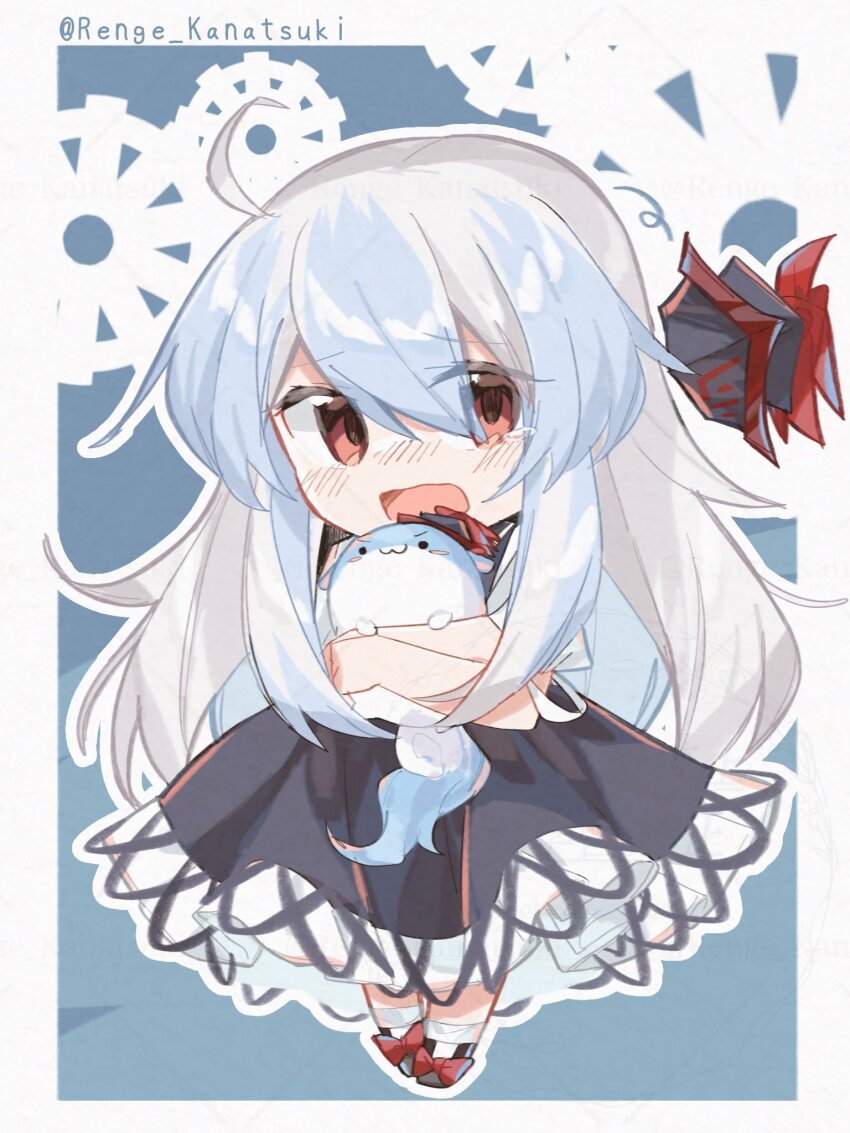 1girl :3 animal animal_hug blue_dress blue_hair blush chibi chibi_only dress footwear_ribbon hat highres imperishable_night kamishirasawa_keine long_hair multicolored_hair open_mouth renge_kanatsuki sukusuku_hakutaku tears touhou white_hair