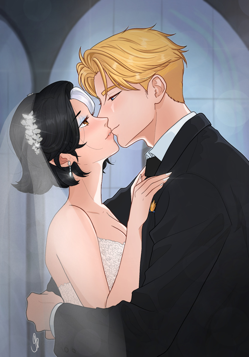 1boy 1girl almost_kiss alternate_costume arms_around_waist black_hair black_necktie blonde_hair blue_eyes bridal_veil brooch ceremony dress earrings formal_clothes glowing hair_ornament hand_on_another&#039;s_chest hetero heterochromia hug husband_and_wife jewelry kiss luna_snow makeup marvel marvel_rivals nail_polish necktie peter_quill smile star-lord suit tuxedo veil wedding wedding_dress white_hair