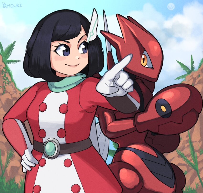 1girl belt black_hair blue_sky gen_2_pokemon gloves grey_eyes hand_on_own_hip highres insect_wings nintendo official_alternate_costume outdoors pincers pokemon pokemon_(creature) pokemon_masters_ex scizor selene_(pokemon) selene_(special_costume)_(pokemon) short_hair sky white_gloves wings yamouri yellow_eyes