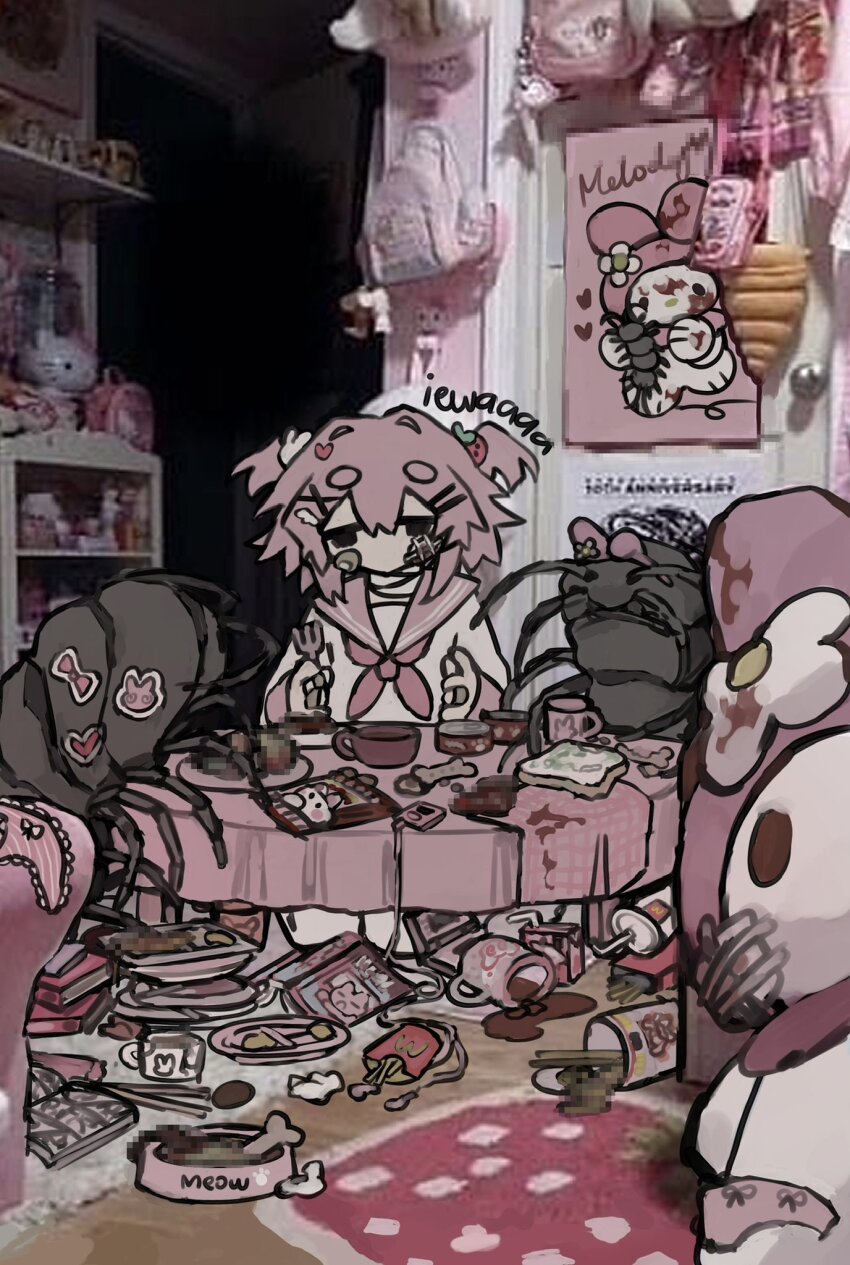 1girl backpack bag bandaid bandaid_on_face black_eyes bowl bug censored centipede character_doll food fork french_fries handheld_game_console highres holding holding_fork iewa indoors jitome loaded_interior mcdonald&#039;s mosaic_censoring my_melody neckerchief nintendo_ds onegai_my_melody original panties pet_bowl pink_bag pink_neckerchief pink_panties pink_sailor_collar plate sailor_collar sanrio sitting solo spill trash two_side_up underwear unworn_panties
