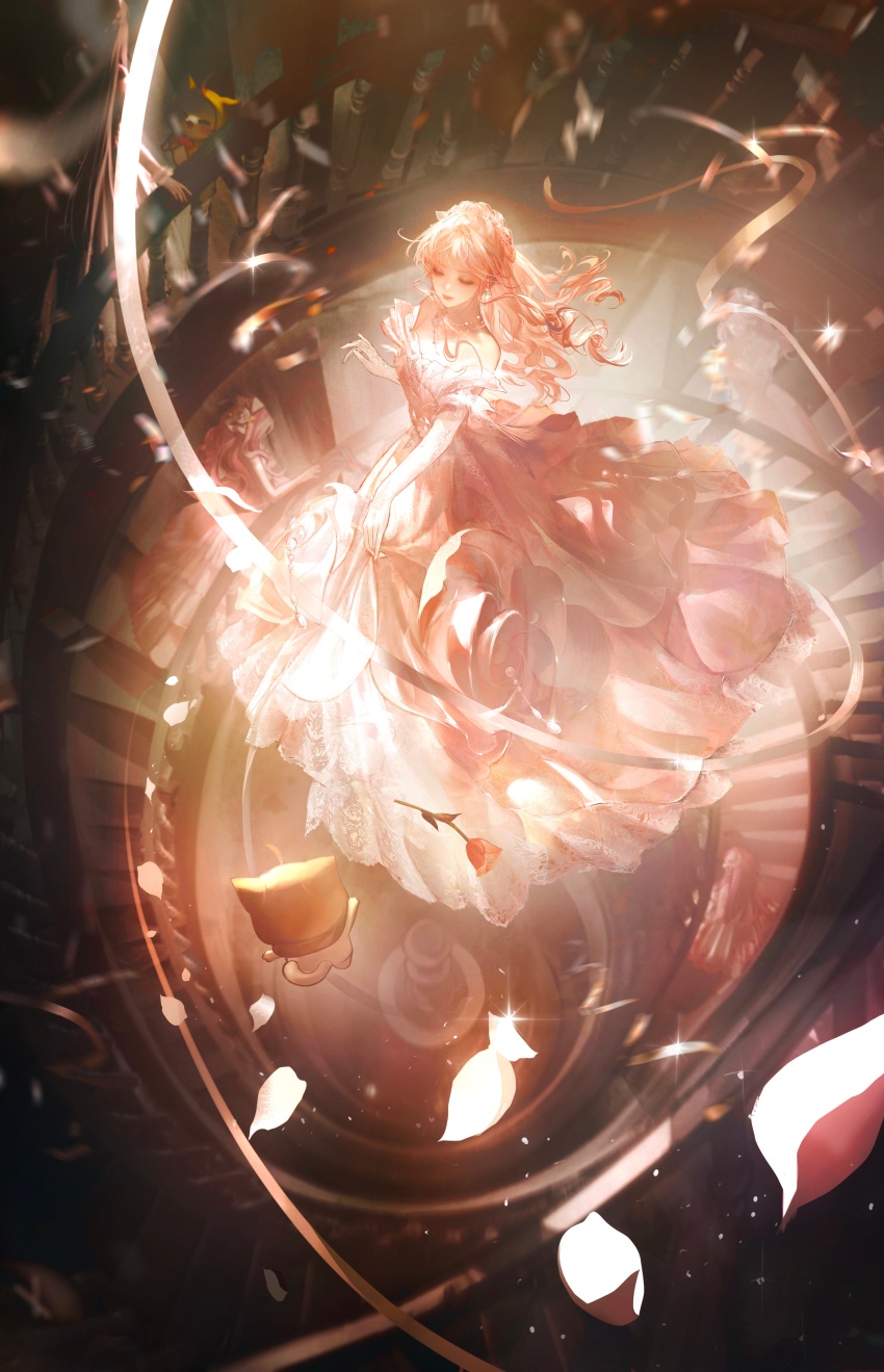 1girl absurdres bare_shoulders blurry braid bridal_gauntlets closed_eyes closed_mouth crown_braid dancing depth_of_field dress earrings eyelashes eyeshadow floating_clothes floating_hair flower flower_dress formal_clothes frilled_dress frills from_above full_body gown highres indoors jewelry jiaopiupiu lace_bridal_gauntlets light_particles lipstick long_dress long_hair makeup necklace nikki_(nikki) nikki_(series) off-shoulder_dress off_shoulder outline petals pink_dress pink_eyeshadow pink_flower pink_hair pink_lips pink_ribbon pink_rose ribbon rose rose_petals shining_nikki short_sleeves skirt_hold smile solo sparkle spiral_staircase stairs standing wavy_hair white_bridal_gauntlets white_outline