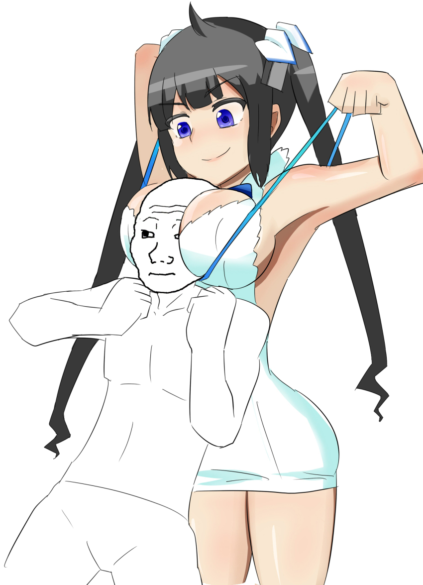 1girl arm_behind_head armpits arms_up artist_request between_breasts black_hair blue_eyes breasts cleavage dungeon_ni_deai_wo_motomeru_no_wa_machigatteiru_darou_ka femdom hair_ribbon hestia_(danmachi) highres large_breasts legs long_hair petite ribbon sideboob smile strangling thighs twintails wojak