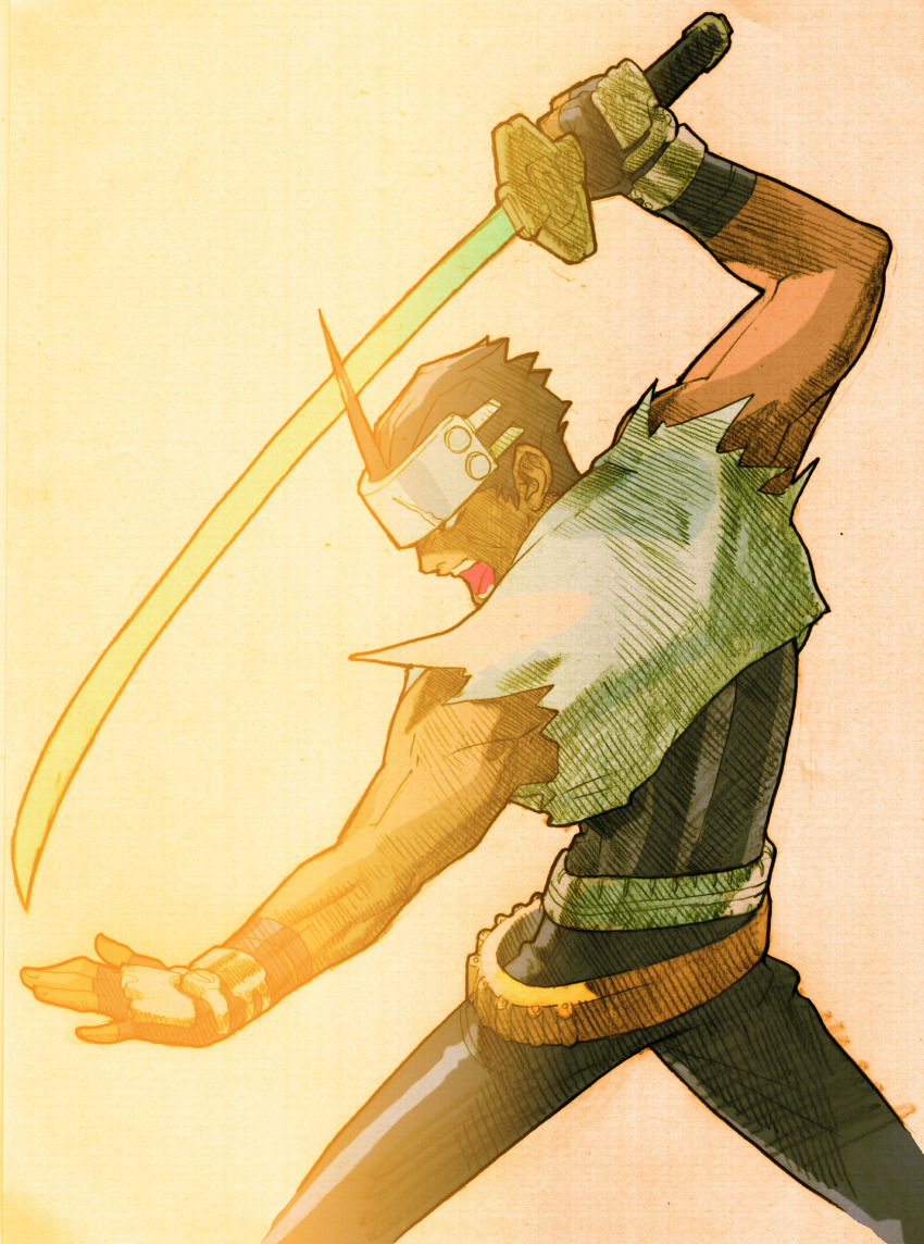 1boy angry belt bengus black_bodysuit black_hair bodysuit boots capcom facing_to_the_side fighting_stance game_cg gloves grey_headband headband highres holding holding_sword holding_weapon kanzaki_hayato male_focus marvel_vs._capcom marvel_vs._capcom_2 non-web_source official_art open_mouth outstretched_arm over_shoulder plasma_sword pointing_melee_weapon pointing_sword red_boots retro_artstyle scan sidelighting simple_background solo star_gladiator sword sword_over_shoulder teeth torn_clothes utility_belt weapon weapon_over_shoulder