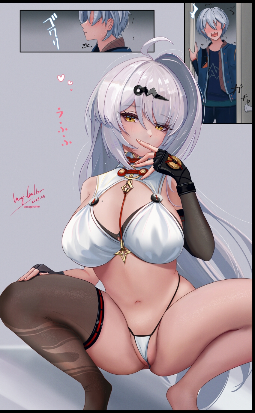 1boy 1girl absurdres ahoge asymmetrical_gloves black_pants black_shirt black_thighhighs blue_jacket blush bra breasts elbow_gloves fingerless_gloves gloves hair_between_eyes hair_ornament highres jacket large_breasts long_hair meginalter micro_panties mole mole_on_breast navel open_clothes open_jacket panties pants shirt short_hair single_elbow_glove single_hair_intake single_thighhigh squatting thighhighs underwear white_bra white_hair white_panties wise_(zenless_zone_zero) yellow_eyes yin_yang_pin yixuan_(zenless_zone_zero) zenless_zone_zero