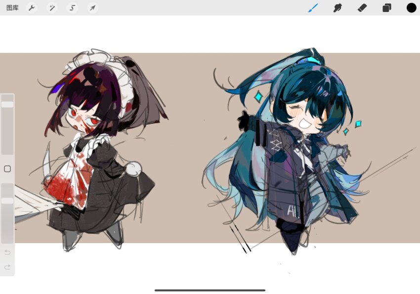 1boy 1girl apron arms_up black_boots black_coat black_dress black_gloves black_hair blood blood_on_clothes blood_on_face blush boots chibi closed_eyes coat dress fanghunt_office_(identity)_(project_moon) full_body gloves half_updo highres holding holding_knife hong_lu_(project_moon) jingshenhuanghu juliet_sleeves knife limbus_company long_hair long_sleeves maid maid_apron maid_headdress open_mouth project_moon puffy_sleeves ryoshu_(project_moon) smile very_long_hair white_apron wuthering_heights_(identity)_(project_moon)