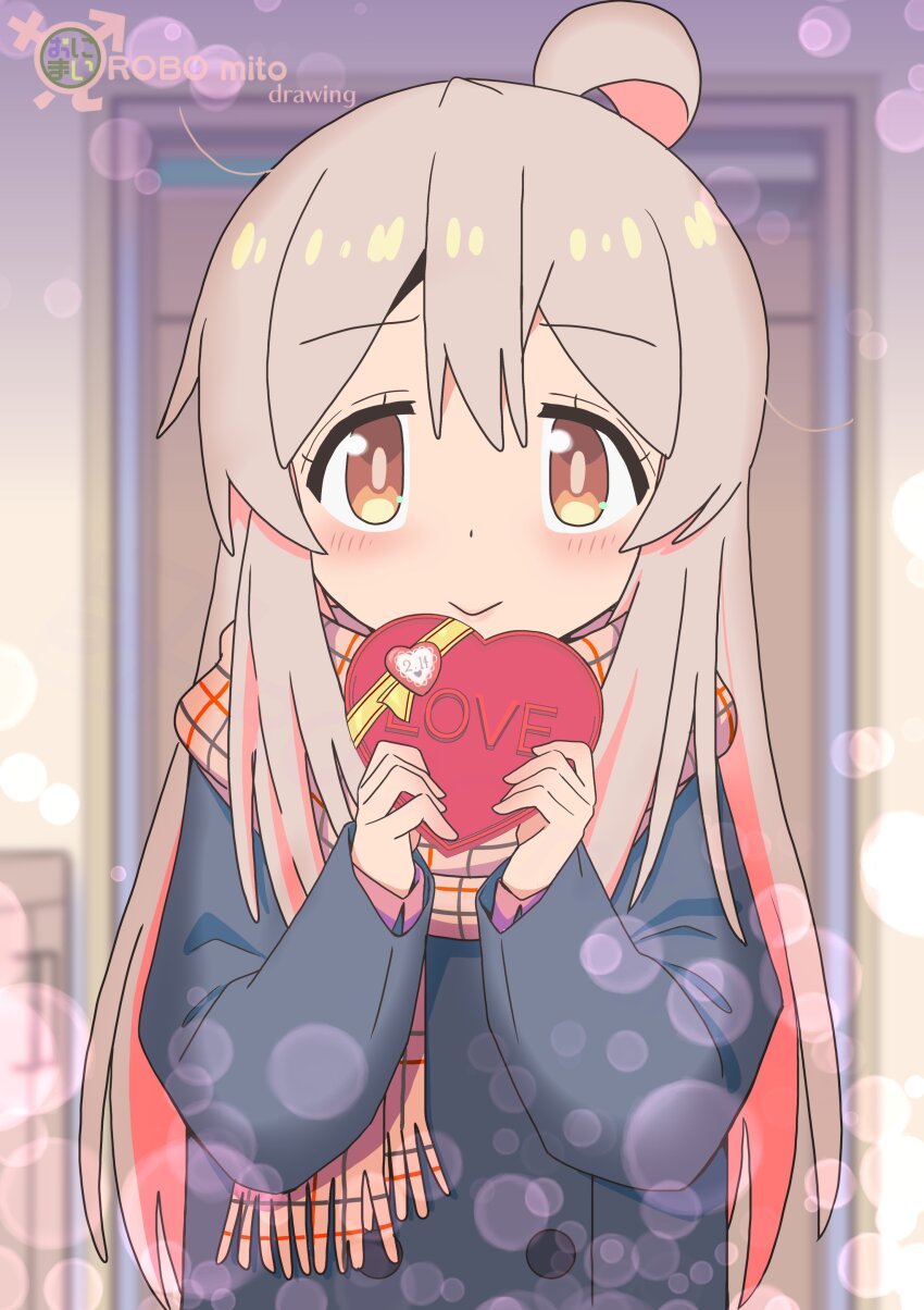 1girl absurdres ahoge artist_name black_coat blush box brown_eyes coat commentary dot_nose grey_hair hair_between_eyes heart-shaped_box heavy_lens_flare highres indoors lens_flare long_hair long_sleeves looking_at_viewer male-female_symbol multicolored_hair onii-chan_wa_oshimai! oyama_mahiro pink_hair robomito scarf smile solo straight-on two-tone_hair valentine