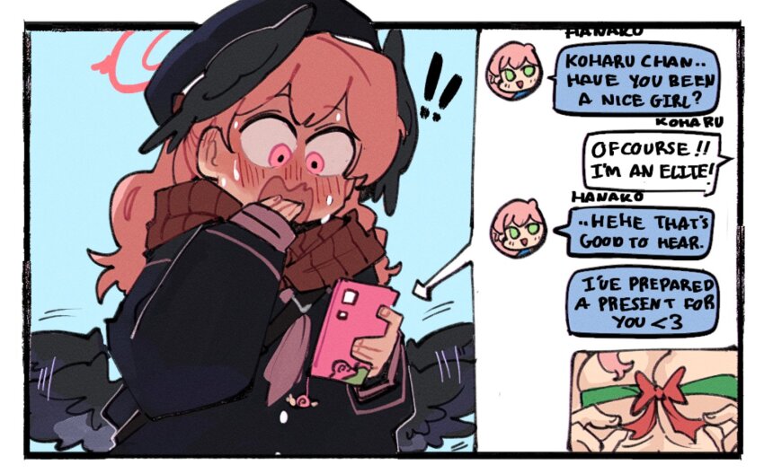 ! !! 2girls black_hat black_shirt black_wings blue_archive blush breasts cellphone english_text halo hanako_(blue_archive) hat head_wings holding holding_phone kinzaibatsu91 koharu_(blue_archive) large_breasts long_hair low_wings multiple_girls neckerchief nervous_sweating open_mouth phone pink_eyes pink_hair pink_halo pink_neckerchief red_scarf scarf shirt sleeves_past_wrists smartphone surprised sweat text_messaging twintails wide-eyed wings