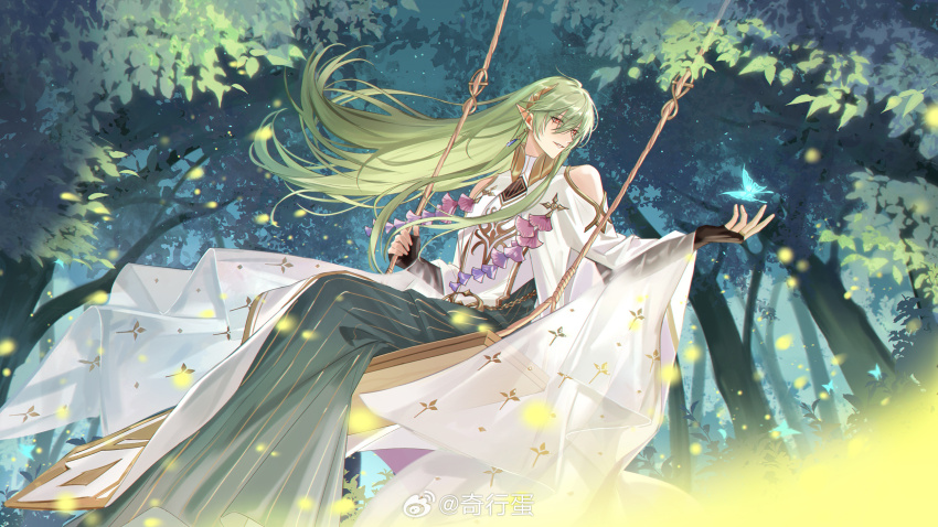 1boy black_gloves blue_butterfly bug butterfly clothing_cutout earrings elbow_gloves feet_out_of_frame fingerless_gloves fireflies floating_earring forest ginkgo_leaf gloves gold_trim green_hair green_robe hair_between_eyes hair_ornament highres insect jewelry leaf long_hair long_sleeves looking_at_animal looking_to_the_side multicolored_clothes nature on_swing outdoors outstretched_arm parted_lips pinstripe_pattern pointy_ears qixing_dan red_eyes robe see-through_clothes see-through_sleeves shoulder_cutout sitting smile solo swing tree welcome_to_dreamland white_robe wide_sleeves
