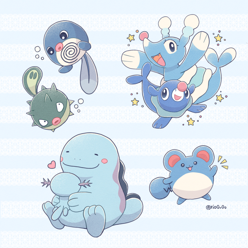 black_eyes blue_theme blush_stickers bright_pupils brionne bubble closed_mouth commentary_request full_body gen_1_pokemon gen_2_pokemon gen_7_pokemon highres marill nintendo no_humans nostrils open_mouth pokemon pokemon_(creature) poliwag popplio quagsire qwilfish rio_(rio0v0o) star_(symbol) twitter_username white_pupils wooper