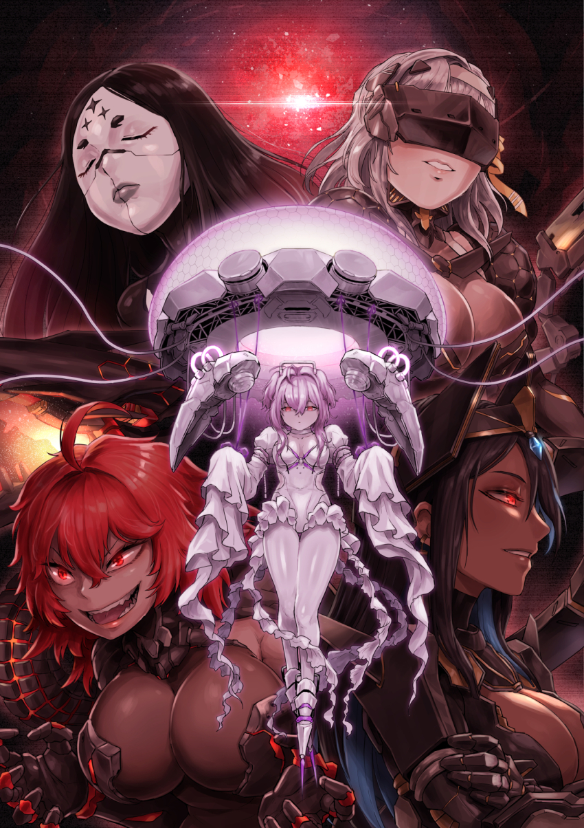 5girls ahoge armored_footwear armored_gloves arms_under_breasts bandages black_hair blue_hair bodysuit breasts claw_pose cleavage closed_eyes colored_inner_hair commentary_request crossed_arms evil_grin evil_smile eyelashes frills full_body glowing goddess_of_victory:_nikke grey_hair grin hair_ribbon hands_up head-mounted_display heretics_(nikke) hexagon_print highres indivilia_(nikke) jellyfish juliet_sleeves korean_commentary kyoungku large_breasts liberalio_(nikke) long_hair long_sleeves modernia_(nikke) multicolored_hair multiple_girls nihilister_(nikke) pink_hair puffy_sleeves rapture_queen_(nikke) red_eyes red_hair ribbon seams short_hair sleeves_past_fingers sleeves_past_wrists smile star_(symbol) tentacles tiara two_side_up upper_body white_bodysuit