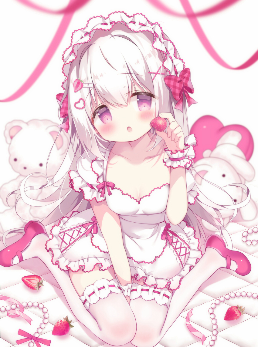 1girl :o azumi_kazuki between_legs blush breasts cleavage collarbone commentary_request dress food food-themed_hair_ornament frilled_dress frills fruit hair_between_eyes hair_intakes hair_ornament hairclip hand_between_legs head_tilt heart heart_hair_ornament highres holding holding_food long_hair looking_at_viewer original parted_lips pink_shoes purple_eyes ribbon-trimmed_thighhighs ribbon_trim shoes simple_background sitting small_breasts solo strawberry strawberry_hair_ornament stuffed_animal stuffed_toy teddy_bear thighhighs very_long_hair wariza white_background white_dress white_hair white_thighhighs wrist_cuffs x_hair_ornament