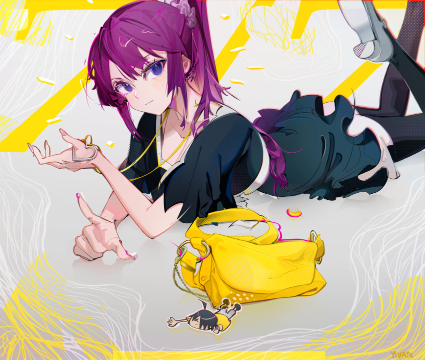 1girl araragi_koyomi artist_name bakemonogatari black_dress black_pantyhose blue_eyes blush character_doll closed_mouth collarbone commentary doll dress fatfishyivan feet_up foot_out_of_frame frilled_dress frills grey_background hair_ornament hair_scrunchie heart heart_necklace highres holding jewelry looking_at_viewer lying monogatari_(series) necklace on_stomach pantyhose ponytail purple_eyes purple_hair scrunchie senjougahara_hitagi short_dress short_sleeves sidelocks signature solo the_pose