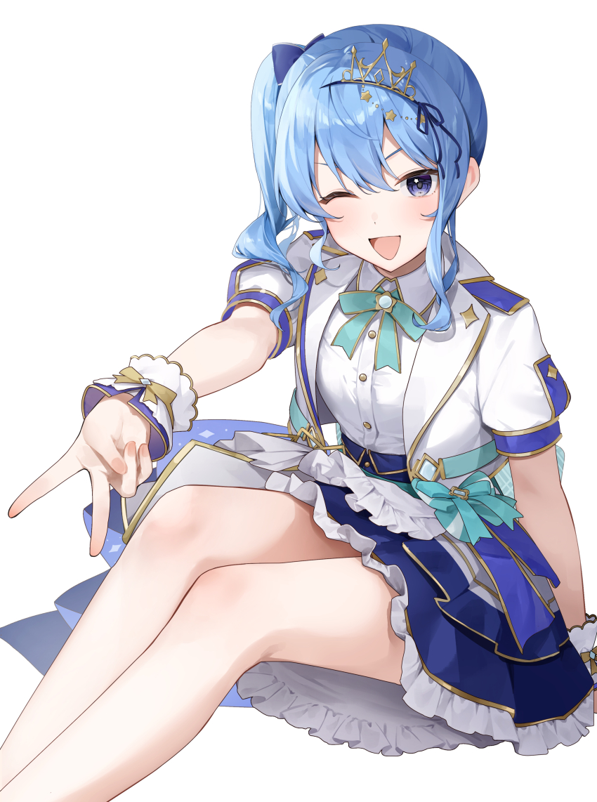 1girl ;d absurdres blue_eyes blue_hair blue_skirt blush breasts frilled_skirt frills hair_between_eyes highres hololive hoshimachi_suisei izumi_kei jacket long_hair looking_at_viewer one_eye_closed open_clothes open_jacket open_mouth shirt side_ponytail simple_background sitting skirt small_breasts smile solo star_(symbol) star_in_eye symbol_in_eye v virtual_youtuber white_background white_jacket white_shirt