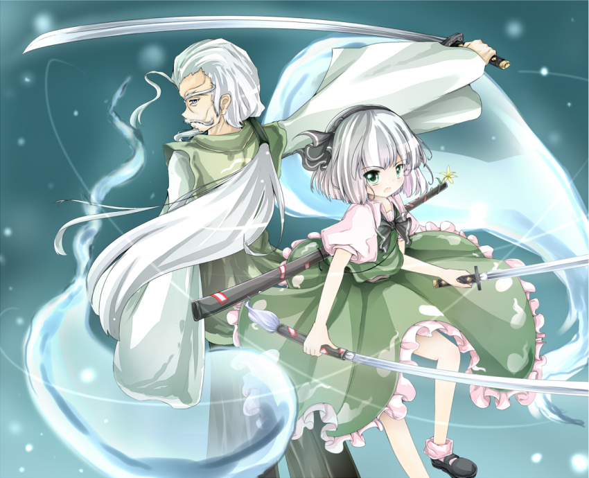 1boy 1girl ankle_socks blue_background bow facial_hair flower from_behind goatee green_eyes hair_ribbon katana knee_up kodachi konpaku_youki konpaku_youki_(ghost) konpaku_youmu konpaku_youmu_(ghost) light_particles light_trail looking_at_viewer looking_back mary_janes mustache nano_(mianhua_maoqiu) open_mouth outstretched_arm ponytail puffy_short_sleeves puffy_sleeves ribbon samurai scabbard sheath shoes short_hair short_sleeves short_sword silver_hair skirt skirt_set socks sword touhou unsheathed weapon